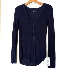 Three Dots Henley Top S Dark Blue Ribbed Knit Long Sleeve S NEW